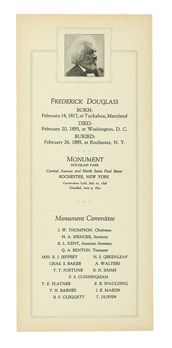 (SLAVERY AND ABOLITION--DOUGLASS, FREDERICK.) THOMPSON, J.W. An Authentic History of the Frederick Douglass Monument. Biographical Fact